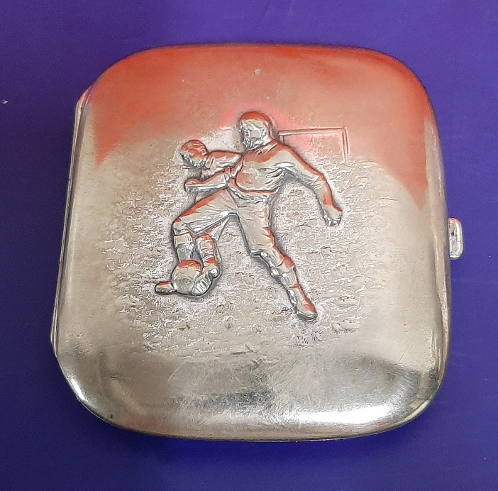 Rare Vintage Alpaca Silver Cigarette Case with Early Soccer Scene Circa 1900 to 1920 3.25" x 3.50"