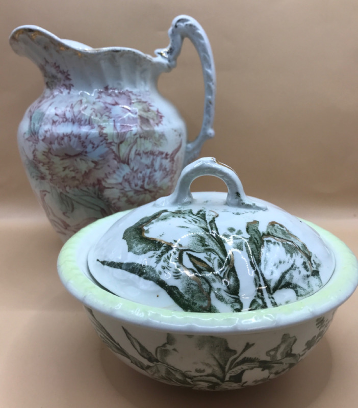 Victorian Transferware Carnation Pitcher 6.5 inch & Antique Myott Bros Orchard Transferware Soap Dish 6 inches wide