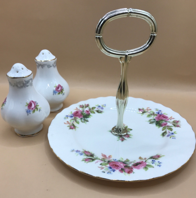 Royal Albert England Moss Rose Tidbit Tray 6 inch & Tranquility Salt & Pepper 3 inches