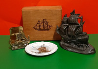 Vintage Brass Ship Letter Holder Ship Doorstop Wooden Box with Ship Royal Grafton Pin Dish with Ships