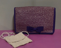 Vintage Purple Straw Clutch with Bow Beige Brocade Mini Bag with Rope Handle