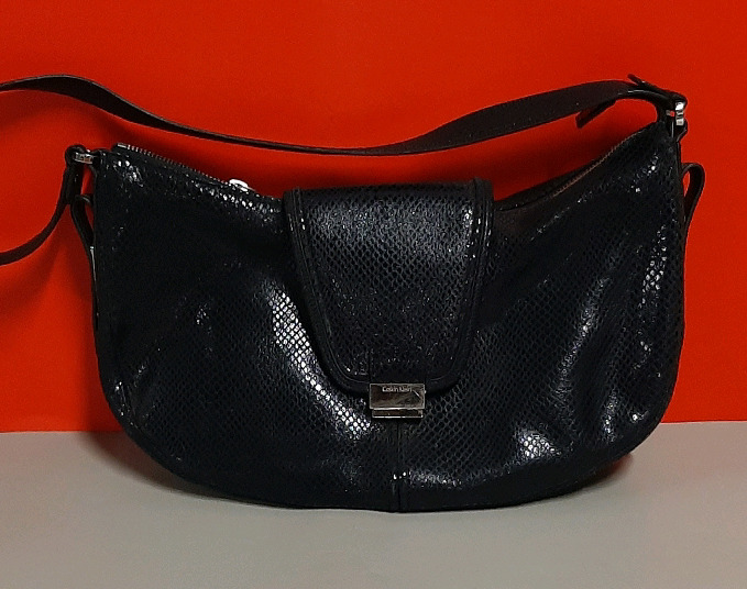 Vintage Calvin Klein Black Leather Shoulder Bag with Snake Skin Pattern. 13.5 x 7.5"