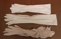 Vintage 3 Pair of Beige Ladies Gloves 1 Pair with Embroidery 1 Pair of Elbow Length 1 Pair of Elbow Length with Ruching