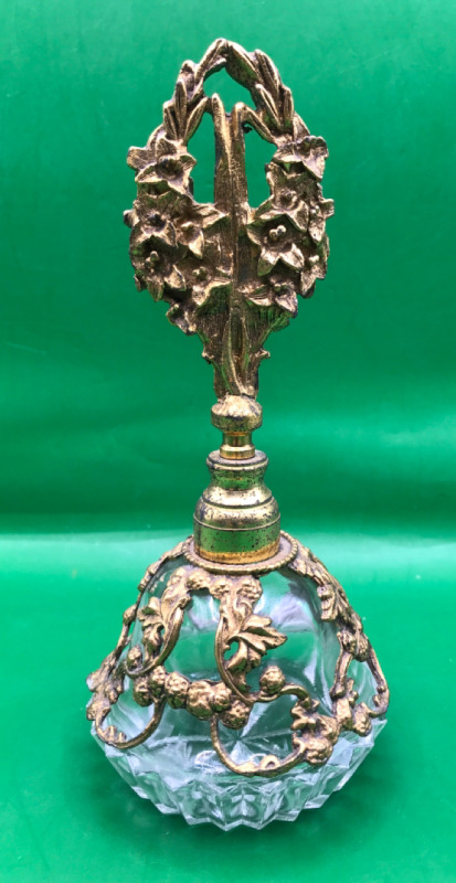Antique Scent Bottle with Brass Mounted Overlay 6.5 inches tall
