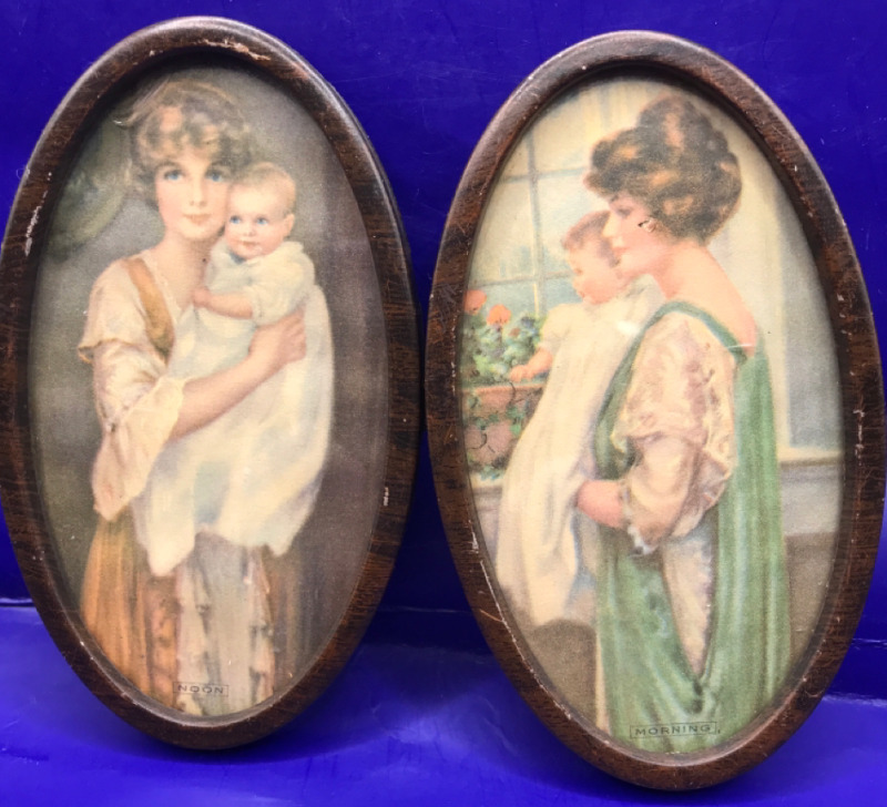 Vintage Oval Print Mother & Child Noon & Morning in Tin Frame 4.5 x 2.5 inches