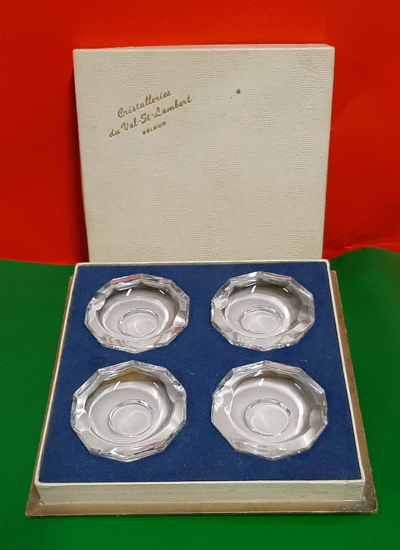 Vintage 4 Val St Lambert Crystal Ashtrays. In Original Box