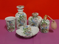 Vintage Porcelaine DeParisVanity Set Atomizer Scent Bottle Cup Shell Dish Covered Dish