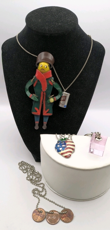 Vintage Weird & Wacky! Jointed Man Brooch, "Peace And Love" Lucky Penny Necklace, Wee Beer Can Necklace & More!