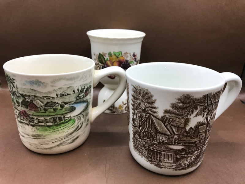 Johnson Bros England Pomona Double Egg Cup & 2 Transferware Mugs 3 to 4 inches tall