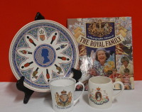 Vintage Hardcover Book of the Royal Family 1 Wedgwood Plate Commemorating the Queens Jubilee 1 Crown Ducal Mug Celebrating her Coronation and a Mug Celebrating the Queen Mom's 90th Birthday.