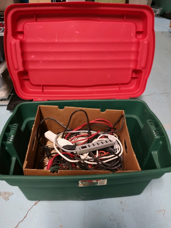 Rubbermaid Large Storage Tote + Powerbars and Extension cords