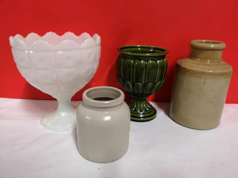 Mike Glass Dish + Pottery Small Crocks