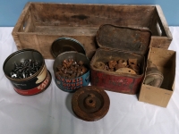 Vintage Tins with Various Screws & Nuts + Wooden Box +