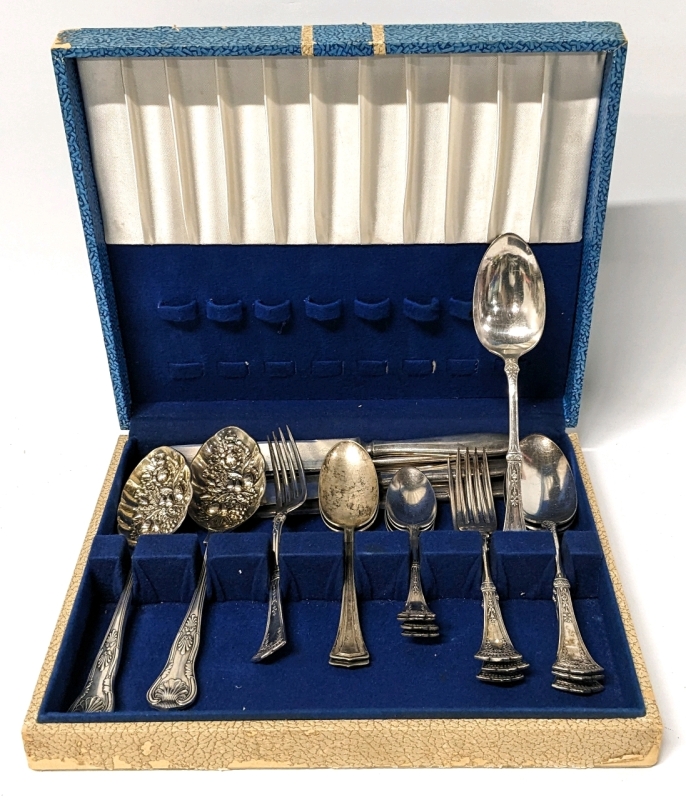 Vintage Rogers & Warranted Silverware in Case (With 2 Gorgeous & Heavy Fruit-Themed Sheffield Serving Spoons)