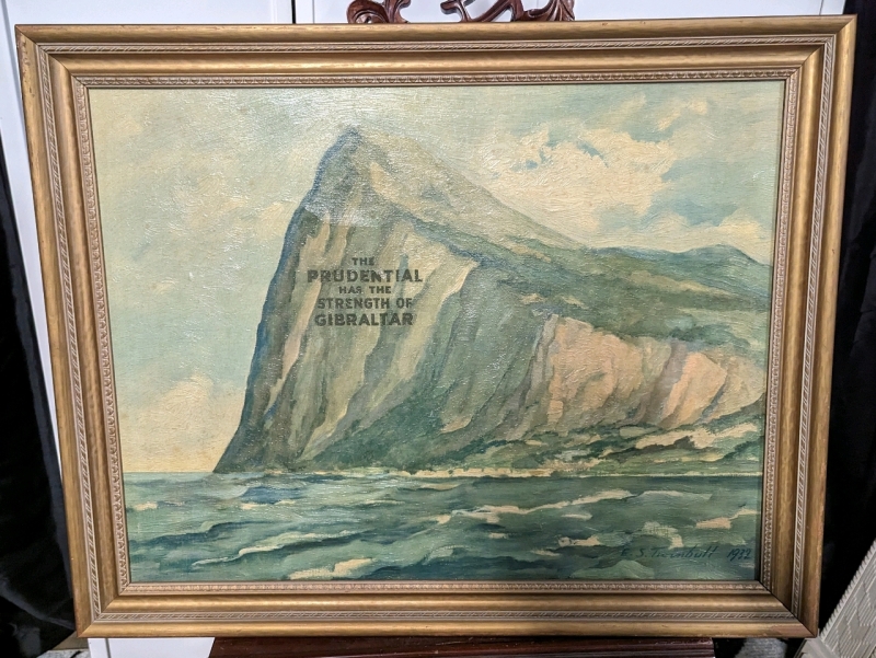 Vintage Framed "The Prudential has the Strength of Gibraltar" Signed Painting on Canvas