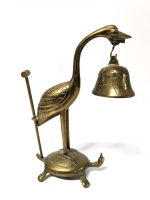 Vintage Brass Crane Holding Bell on Turtle with Mallet