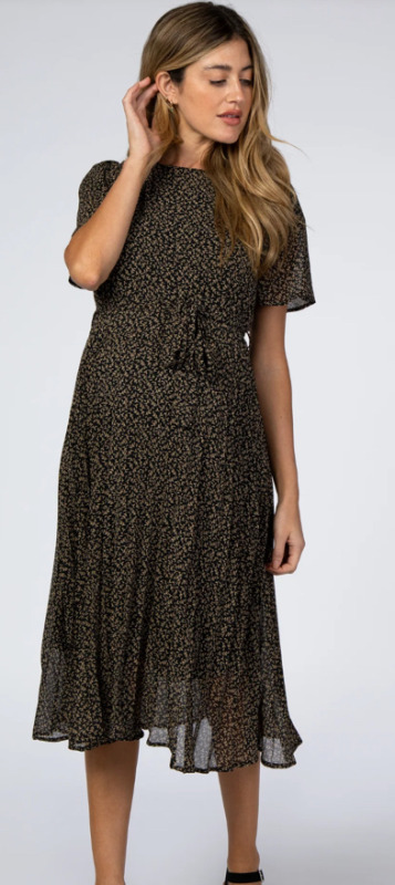 NEW Black Leaf Print Pleated Maternity Midi Dress , Size Medium