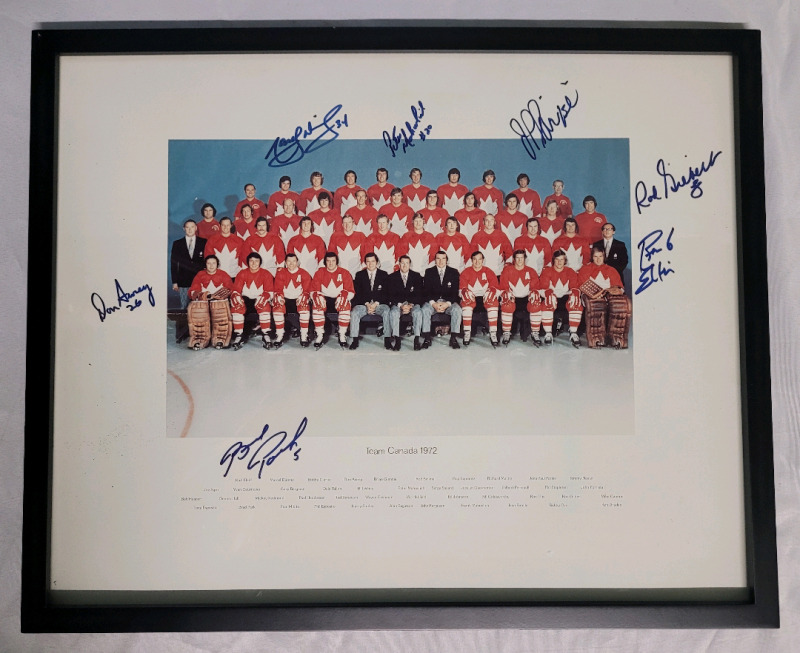 1972 Team Canada Team Photo Color Print , Framed . Signed by 7 Members of Team Canada