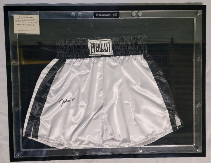 Muhammad Ali Signed Everlast Boxing Trunks in Frame with COA by Weber's Collectibles Inc