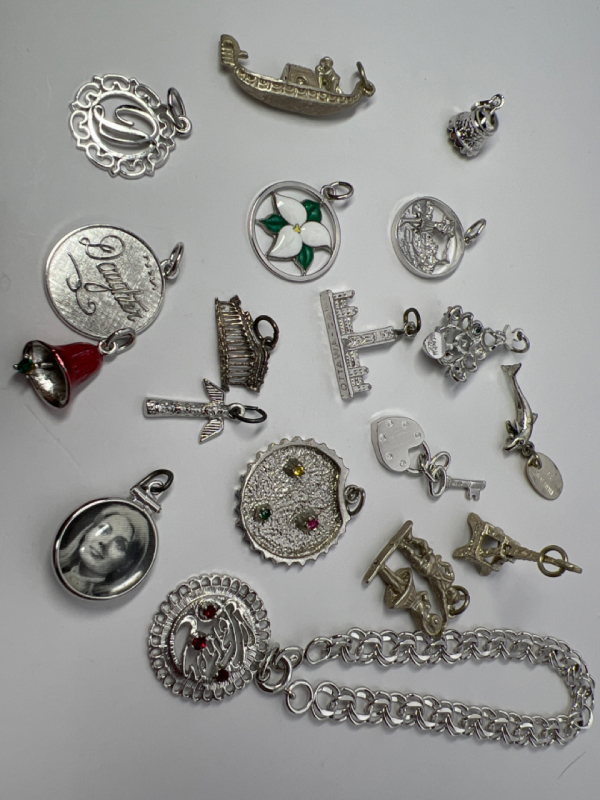 Charm Bracelet with Multiple Loose Charms including Sterling, 900 Stamp, Bond Boyd & More