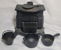 4 1/4" Salesman Sample Size Cast Iron Stove with Pots & Pans