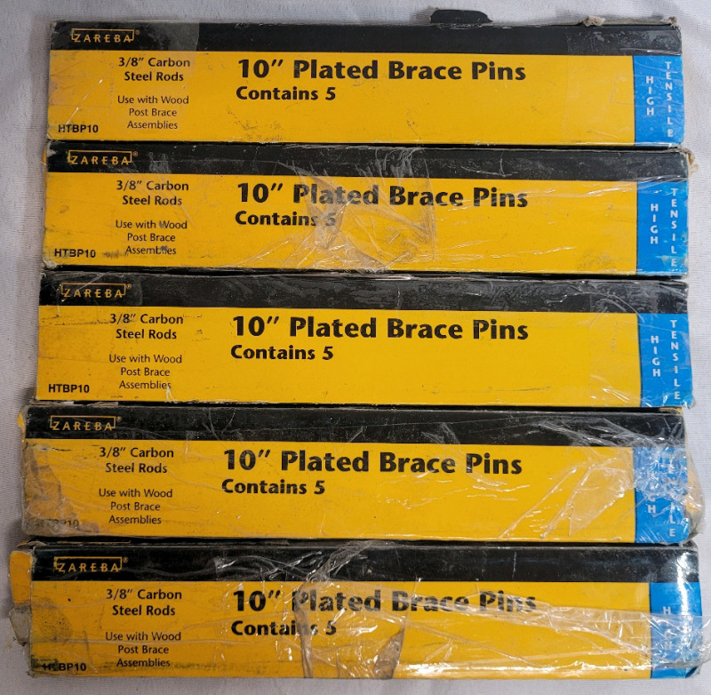 New - Zareba 10"&times;3/8" Plated Brace Pins / Carbon Steel Rods . 5 Packs / 5 Per Pack