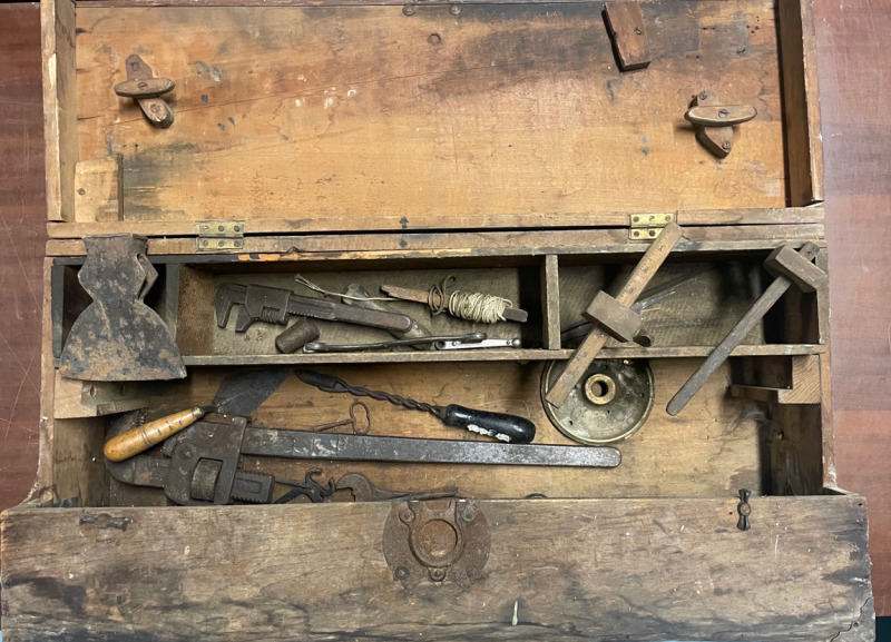 Vintage Tools with Wooden Carpenter Box , includes Axe Head and Wooden Marking Gauge Scribe