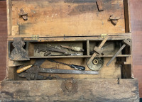Vintage Tools with Wooden Carpenter Box , includes Axe Head and Wooden Marking Gauge Scribe