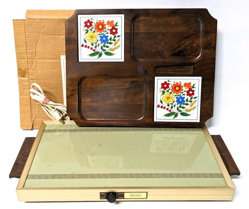 Vintage Sears Electric Tray & Vintage Wood & Tile Serving / Charcuterie Tray w Original Box