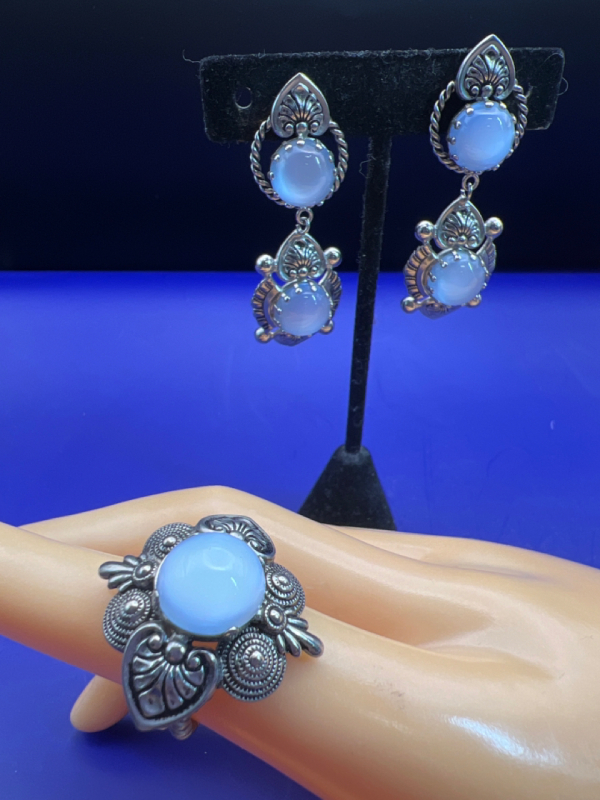 Estate Moonglow Chalcedony Earrings and Ring Set
