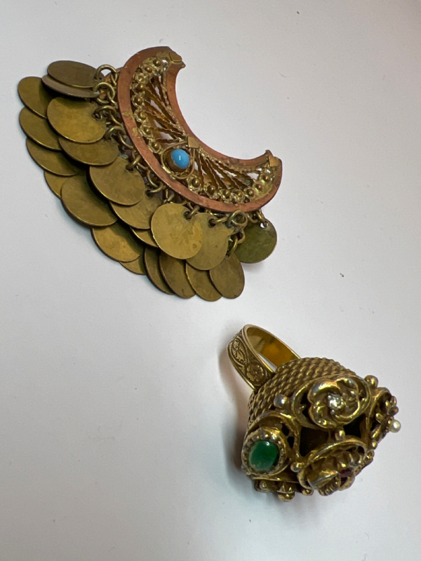 Estate Vintage Crescent Dangle Brooch and Iraqi Ring