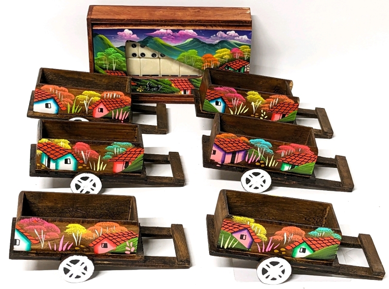 6 New Gorgeous + Brightly Coloured Handpainted Wooden Carts & Full Size Dominoes Game in Box