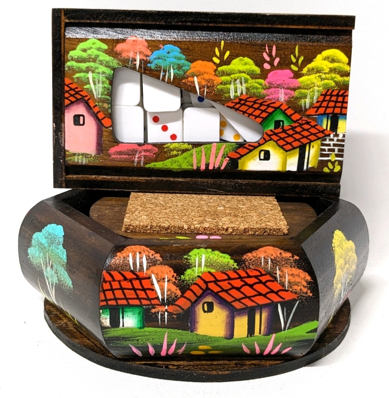 New Gorgeous + Brightly Coloured Handpainted Wooden Coasters Set in Holder & Mini Dominoes Set in Box