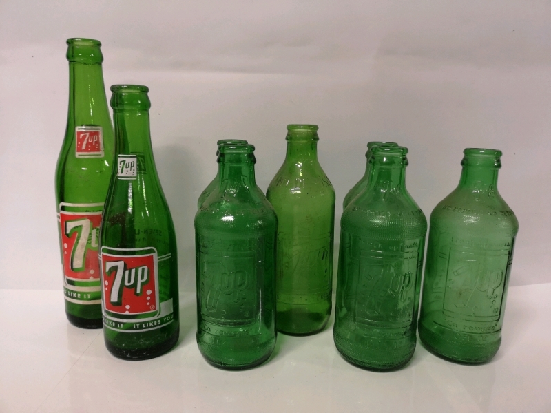 8 Vintage 7-UP Glass Bottles