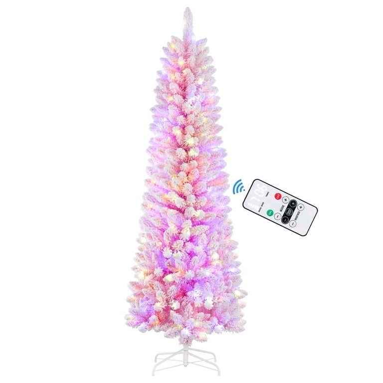 New SHareconn 6ft Prelit Artificial Snow Flocked Pencil Christmas Tree with Remote & Timer