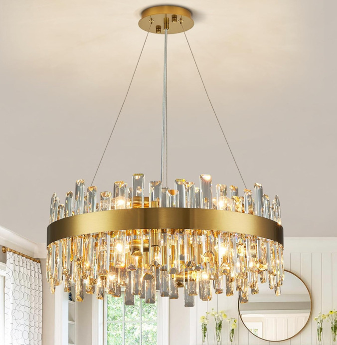 NEW Siljoy 19.7'' Modern Crystal Chandeliers 12 Lights Brass Gold Round K9 Crystal Raindrop Chandelier Height Adjustable Contemporary Pendant Ceiling Light Fixture for Dining Living Room Bedroom