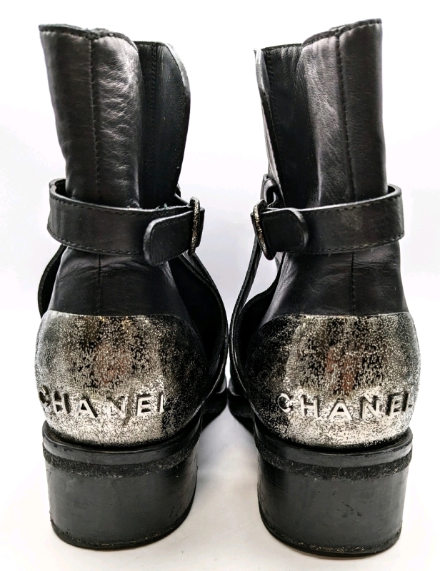 CHANEL 2014 Black Leather & Silver Moto Boots Size 38.5.