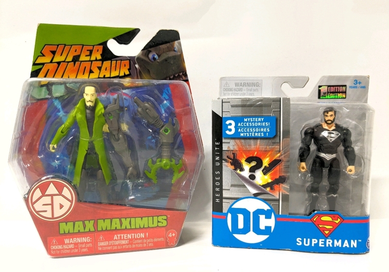 2 New Action Figures: DC Heroes Unite Superman (Black Costume / 1st Edition) & Super Dinosaur: Max Maximus