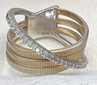 925 Sterling Silver & Gold Wash Crossover Ring CZ S10