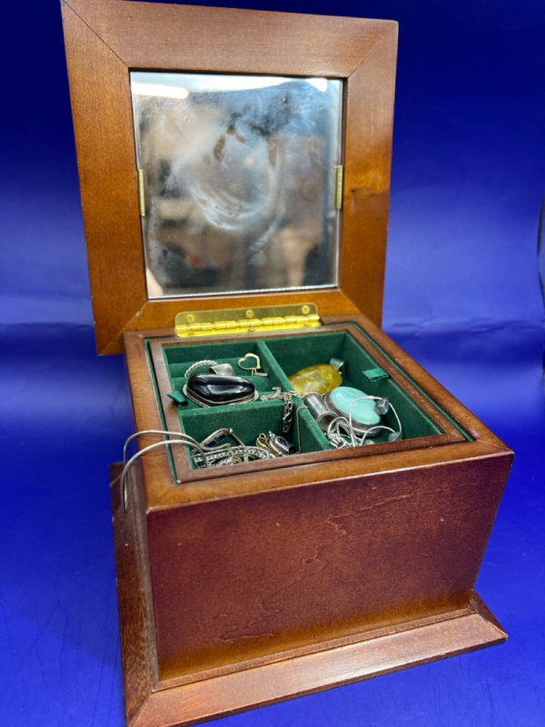 Gold & Sterling all stamped Sorted Vintage Wood jewelry Box