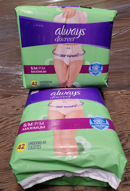 New - Always Discreet Small / Medium Maximum Underwear. 2-Packs , 42 Per Pack