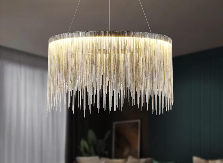 NEW LED Round Tassel Chandelier, Siljoy Modern Aluminum Linear Ceiling Pendant Light Fixture for Dining Room Kitchen Island Dia 24" x H14"