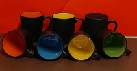 New 7 Pottery Coffee Cups with Different Coloured Interiors. 2 Orange 2 Yellow 1 Blue 1 Purple 1 Green