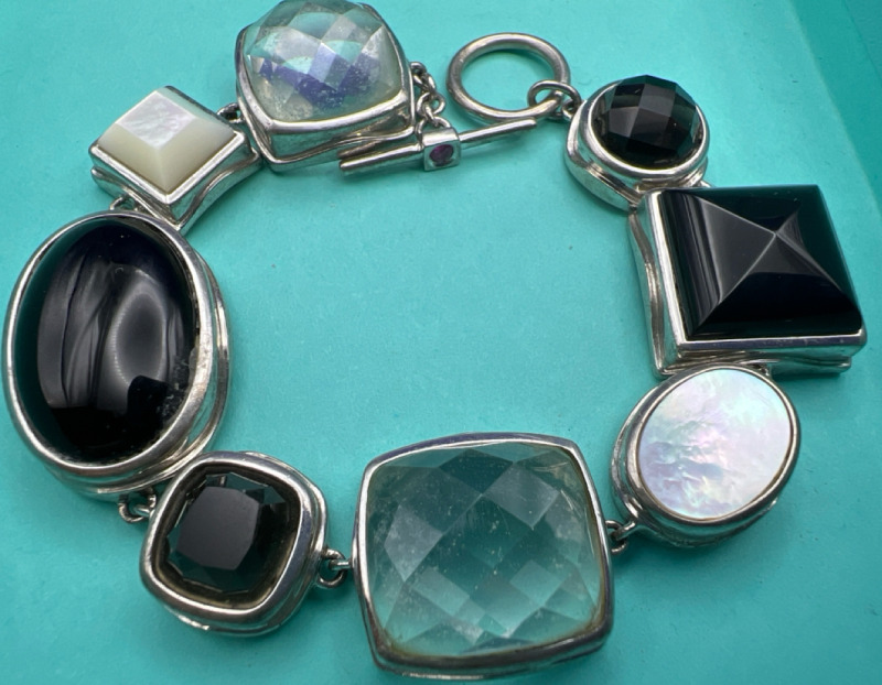 Vintage ELLE Designer Signed Sterling Toggle Bracelet Stones