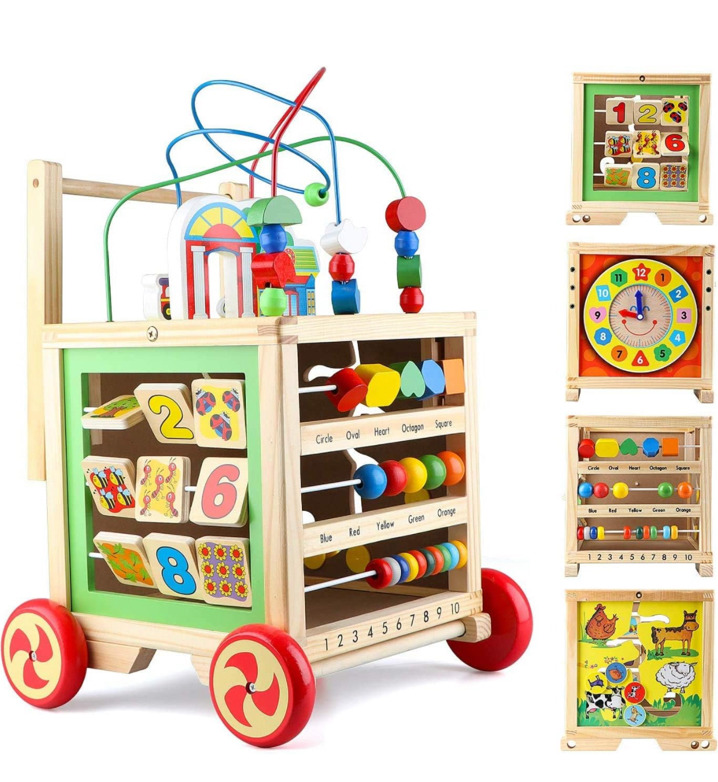 Wondertoys Wooden Activity Cube Toys with Bead Maze Baby Clocks Shape Sorter Abacus 6 in 1 Play Baby Push and Pull Learning Walker Educational Toys for Kids Gifts