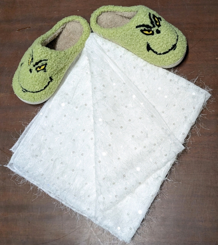 New Grinchy Plush Ladies Slippers (Size 26) & Fancy Frilly Large Sequined Table Runner