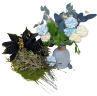 New Artificial Flower Display in 6.25" tall Ceramic Vase + 3 Kinds of Artificial Foliage