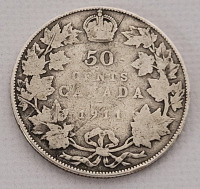 1911 Canadian Silver George V 50 Cent Half Dollar