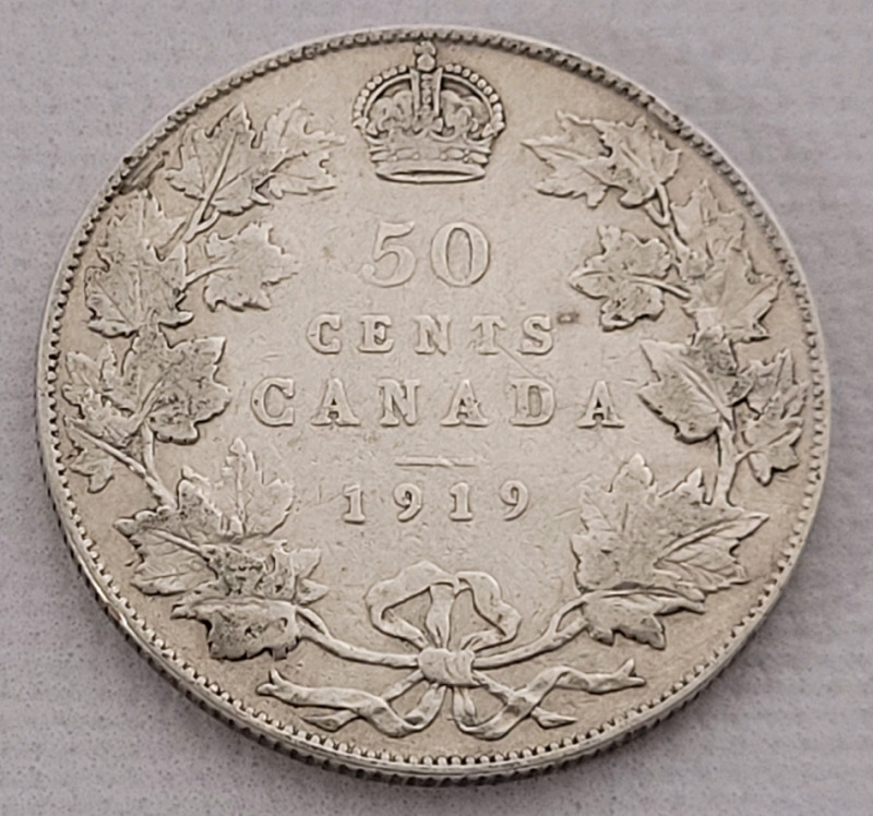 1919 Canadian Silver George V 50 Cent Half Dollar