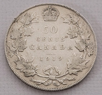 1919 Canadian Silver George V 50 Cent Half Dollar